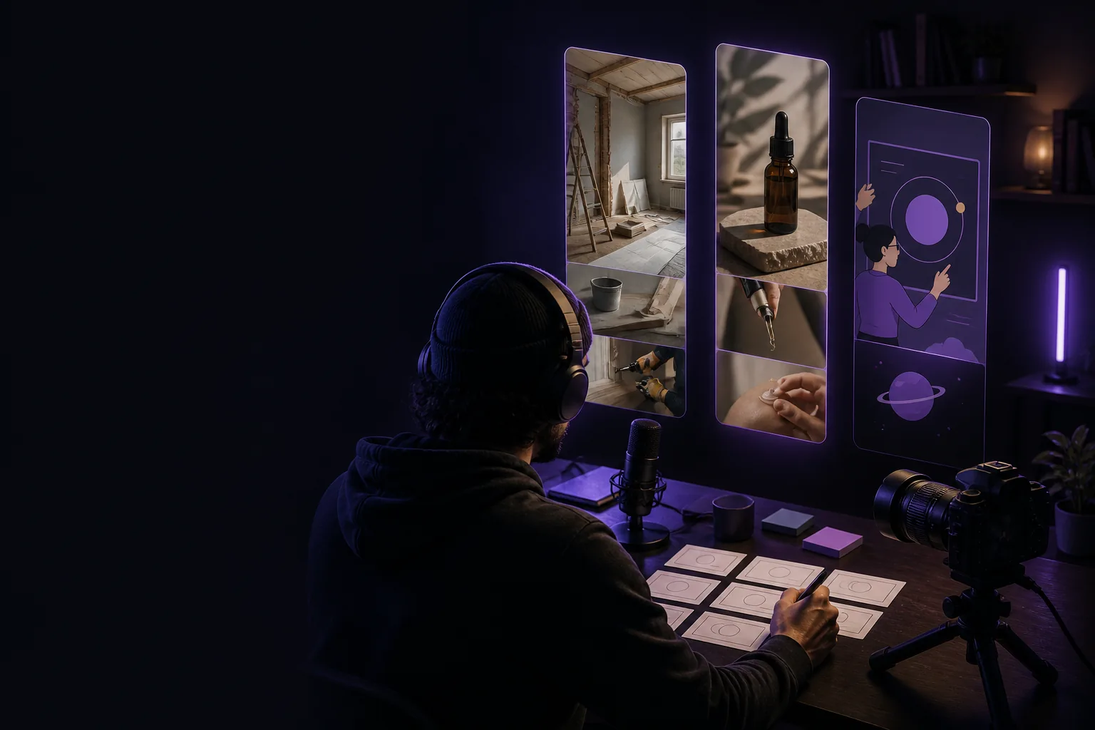 Creator reviewing a polished AI video concept on a bright production desk