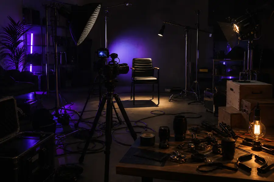 A cluttered home studio setup with a camera pointing at an empty chair