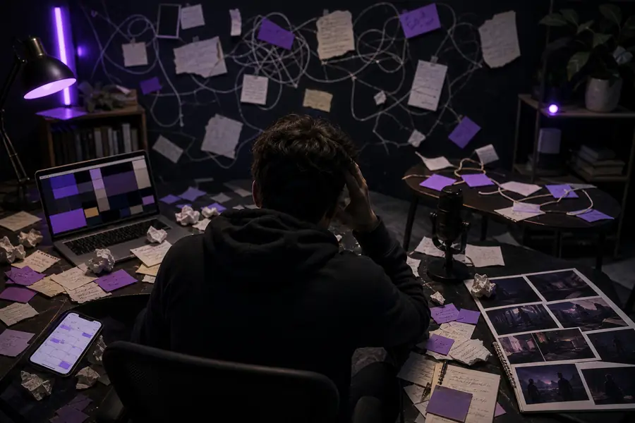 Disorganized content workflow with scattered notes and separate apps