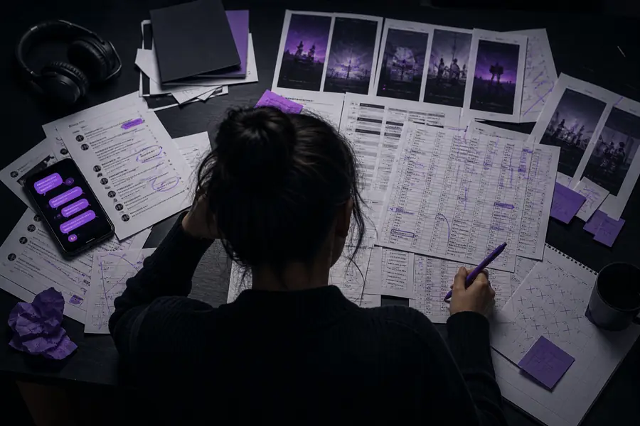 A scattered social media review with feedback spread across chat, email, and a spreadsheet